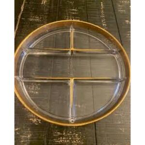 Vintage Art Deco Glass Divided‎ Serving Tray Dish Gold Floral Rim Platter